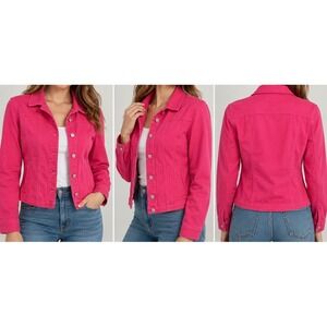 Live a Little Denim Jacket Womens S Hot Pink Button Front Stretch Cotton Casual